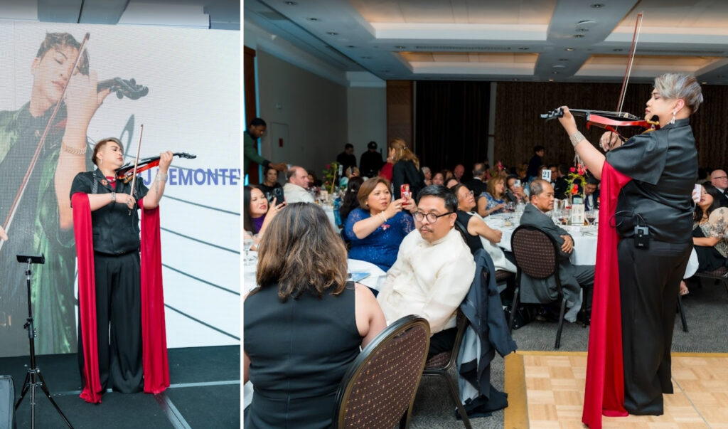 Violinist RJ Demonteverde performing among guest tables at the FWA-UK Philippine National Day Gala 2026